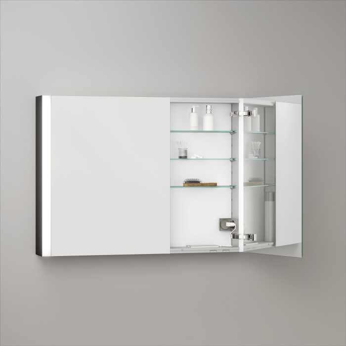 Keuco Royal Metis LED Aufputz-Spiegelschrank 100 x 71 cm, 2 Türen mit Spiegelheizung, asymmetrisch