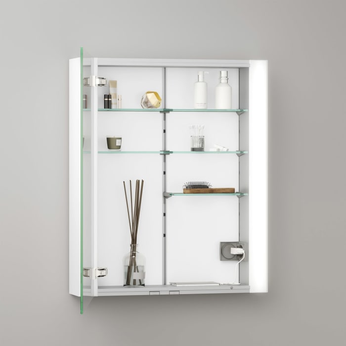 Keuco Royal Metis LED Aufputz-Spiegelschrank 60 x 71 cm mit Spiegelheizung, Türanschlag links, schweizer Ausführung