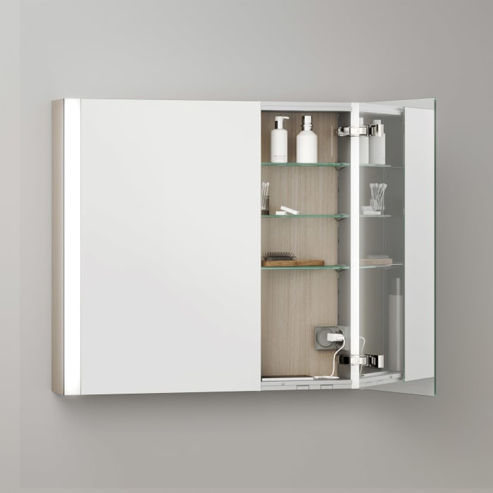 Keuco Royal Metis LED Aufputz-Spiegelschrank 80 x 71 cm, 2 Türen mit Spiegelheizung, asymmetrisch, schweizer Ausführung