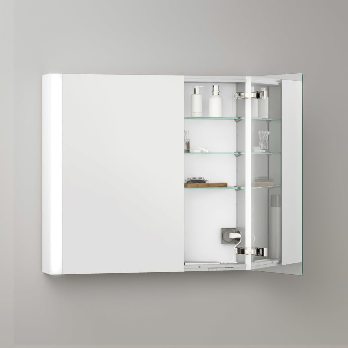 Keuco Royal Metis LED Aufputz-Spiegelschrank 80 x 71 cm, 2 Türen mit Spiegelheizung, asymmetrisch, schweizer Ausführung