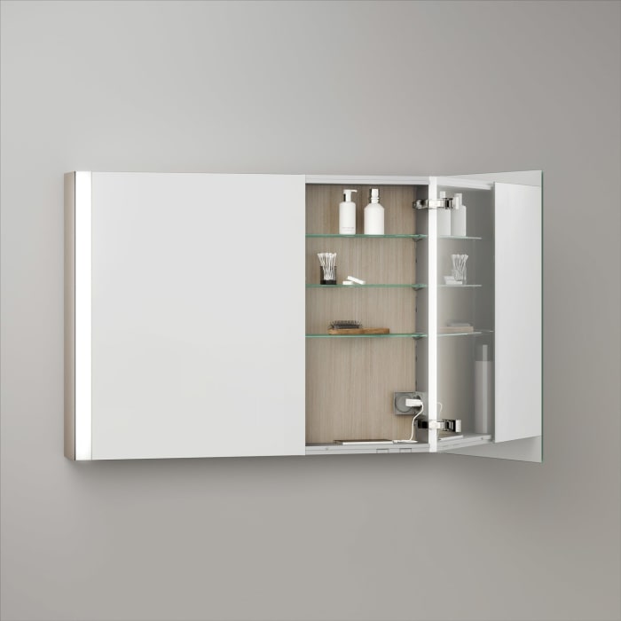 Keuco Royal Metis LED Aufputz-Spiegelschrank 100 x 71 cm, 2 Türen mit Spiegelheizung, asymmetrisch, schweizer Ausführung