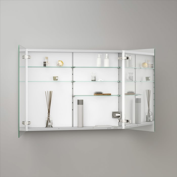 Keuco Royal Metis LED Aufputz-Spiegelschrank 100 x 71 cm, 2 Türen mit Spiegelheizung, asymmetrisch, französiche Ausführung