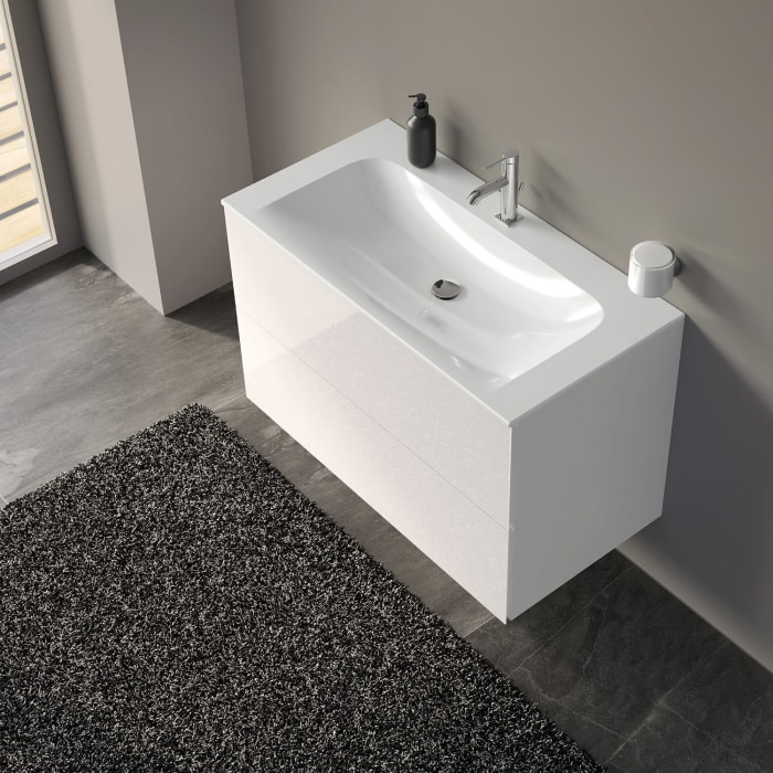 Keuco Apollo Keramik-Waschtisch mit Waschtischunterschrank und LED-Spiegelschrank 100 cm, 2 Auszüge