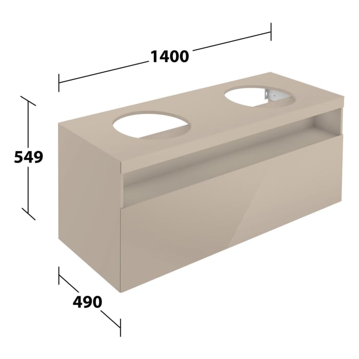 Keuco Stageline Waschtischunterbau 140 x 55 cm, mit offenem Ablagefach mit LED-Beleuchtung, Steckdose und 1 Auszug, ohne Hahnloch