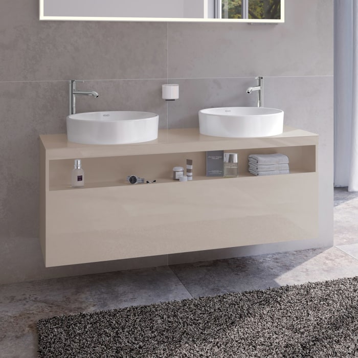 Keuco Stageline Waschtischunterbau 140 x 55 cm, mit offenem Ablagefach und 1 Auszug, 2 Hahnlöcher