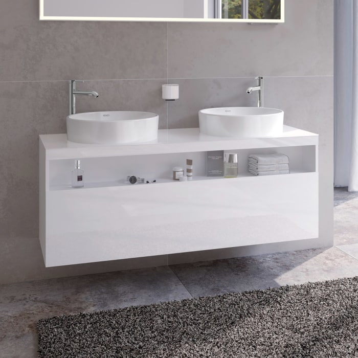 Keuco Stageline Waschtischunterbau 140 x 55 cm, mit offenem Ablagefach und 1 Auszug, 2 Hahnlöcher