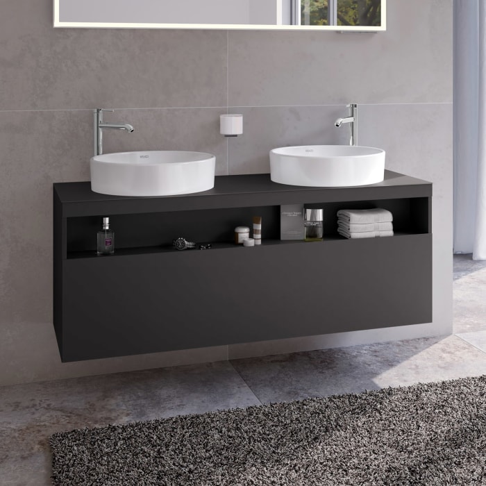 Keuco Stageline Waschtischunterbau 140 x 55 cm, mit offenem Ablagefach und 1 Auszug, 2 Hahnlöcher