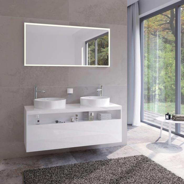 Keuco Stageline Waschtischunterbau 140 x 55 cm, mit offenem Ablagefach und 1 Auszug, 2 Hahnlöcher