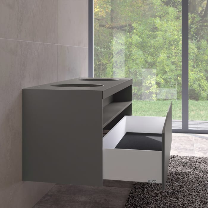 Keuco Stageline Waschtischunterbau 140 x 55 cm, mit offenem Ablagefach und 1 Auszug, 2 Hahnlöcher