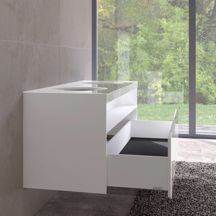 Keuco Stageline Waschtischunterbau 140 x 55 cm, mit offenem Ablagefach und 1 Auszug, 2 Hahnlöcher