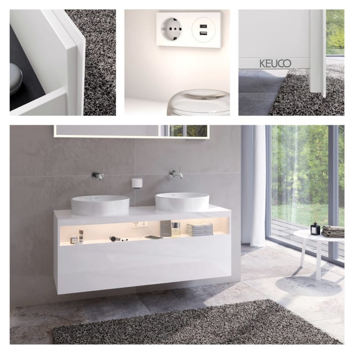 Keuco Stageline Waschtischunterbau 140 x 55 cm, mit offenem Ablagefach mit LED-Beleuchtung, Steckdose und 1 Auszug, ohne Hahnloch