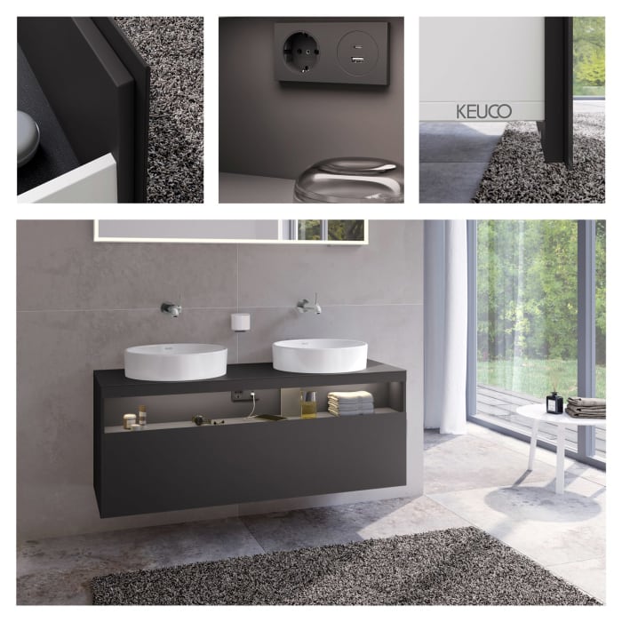 Keuco Stageline Waschtischunterbau 140 x 55 cm, mit offenem Ablagefach mit LED-Beleuchtung, Steckdose und 1 Auszug, ohne Hahnloch