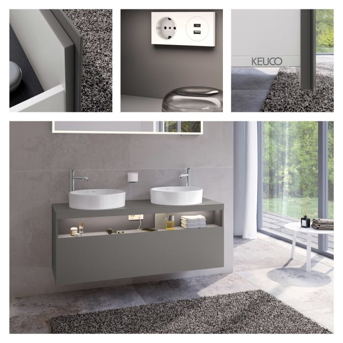 Keuco Stageline Waschtischunterbau 140 x 55 cm, mit offenem Ablagefach mit LED-Beleuchtung, Steckdose und 1 Auszug, 2 Hahnlöcher