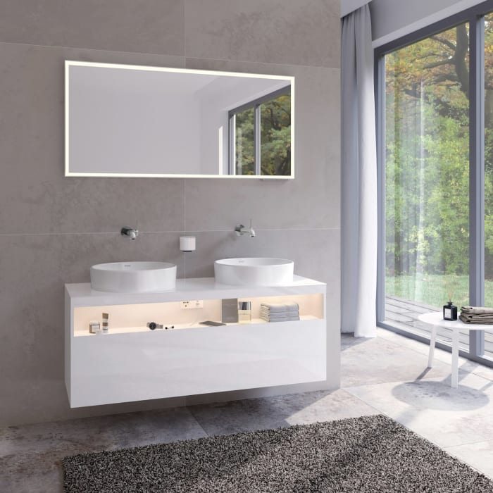 Keuco Stageline Waschtischunterbau 140 x 55 cm, mit offenem Ablagefach mit LED-Beleuchtung, Steckdose und 1 Auszug, ohne Hahnloch