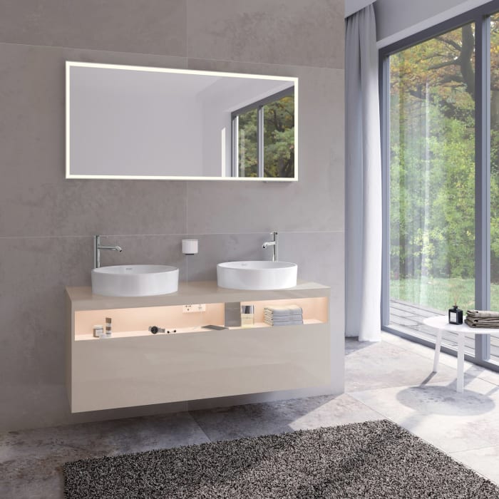 Keuco Stageline Waschtischunterbau 140 x 55 cm, mit offenem Ablagefach mit LED-Beleuchtung, Steckdose und 1 Auszug, 2 Hahnlöcher