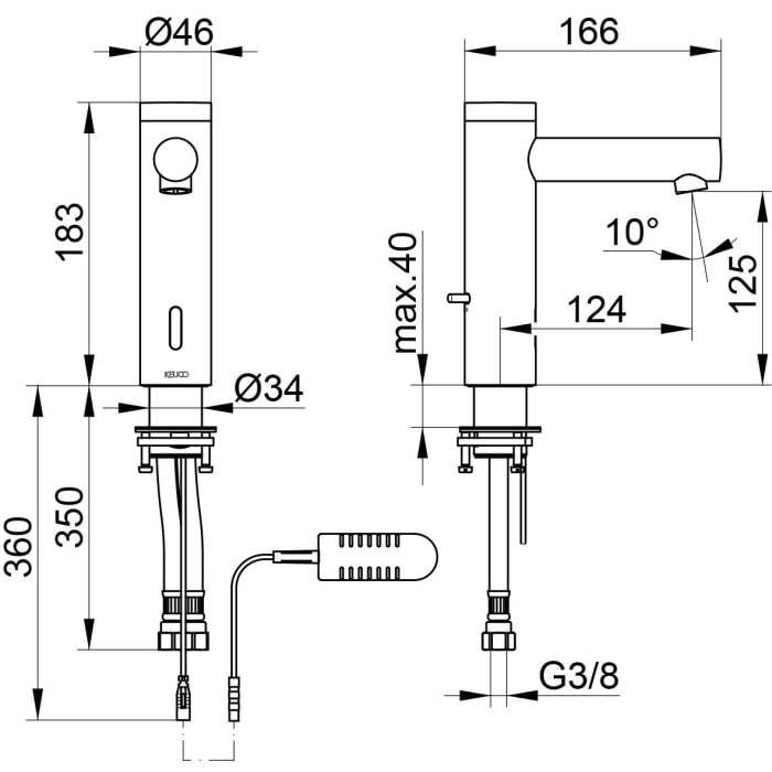 Keuco IXMO Elektronik-Waschtischmischer 130, mit Temperaturregulierung, mit Steckernetzteil
