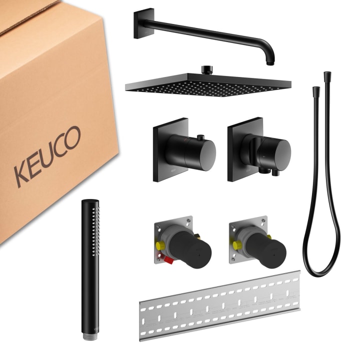 Keuco IXMO Unterputz Duschsystem mit Thermostatarmatur, Stabhandbrause und Kopfbrause, eckig