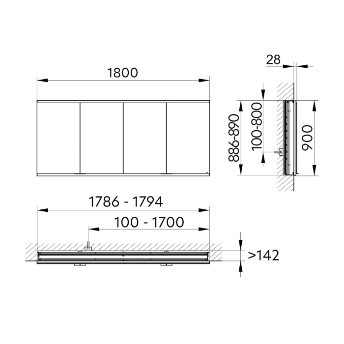 Keuco Royal P94 Unterputz-Spiegelschrank 4-türig 180 x 16 cm, mit LED-Beleuchtung, 4 Steckdosen