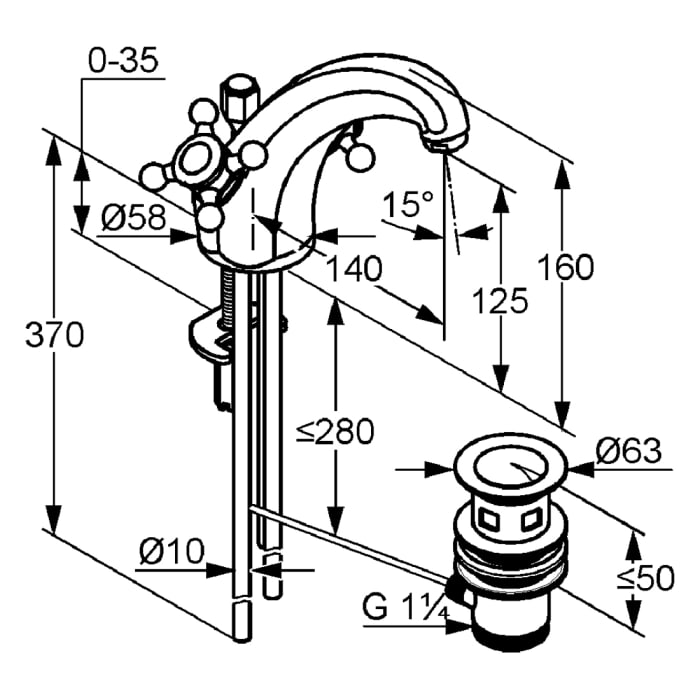 Kludi 1926 Waschtischarmatur DN 15 mit Ablaufgarnitur, Ausladung 14 cm