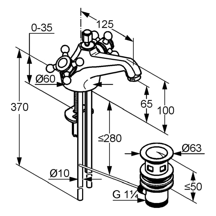 Kludi 1926 Waschtischarmatur DN 15 mit Ablaufgarnitur, Ausladung 12,5 cm