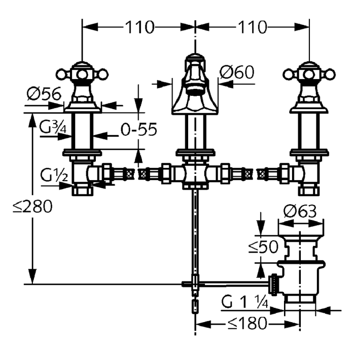 Kludi 1926 Waschtisch-3-Locharmatur DN 15, Ausladung 12,5 cm