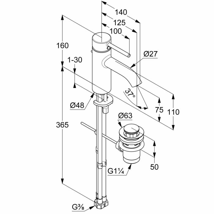 Kludi BOZZ Waschtisch-Einhandmischer 75 für Niederdruck, mit Zugstangen-Ablaufgarnitur