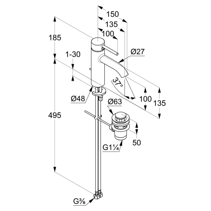 Kludi BOZZ Waschtisch-Einhandmischer 100 mit Zugstangen-Ablaufgarnitur