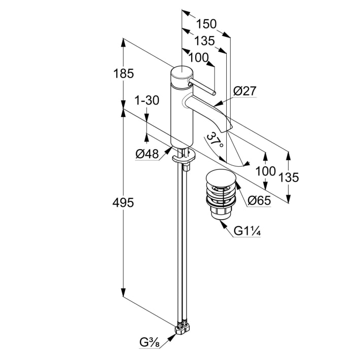 Kludi BOZZ Waschtisch-Einhandmischer 100 mit Push Open Ablaufventil