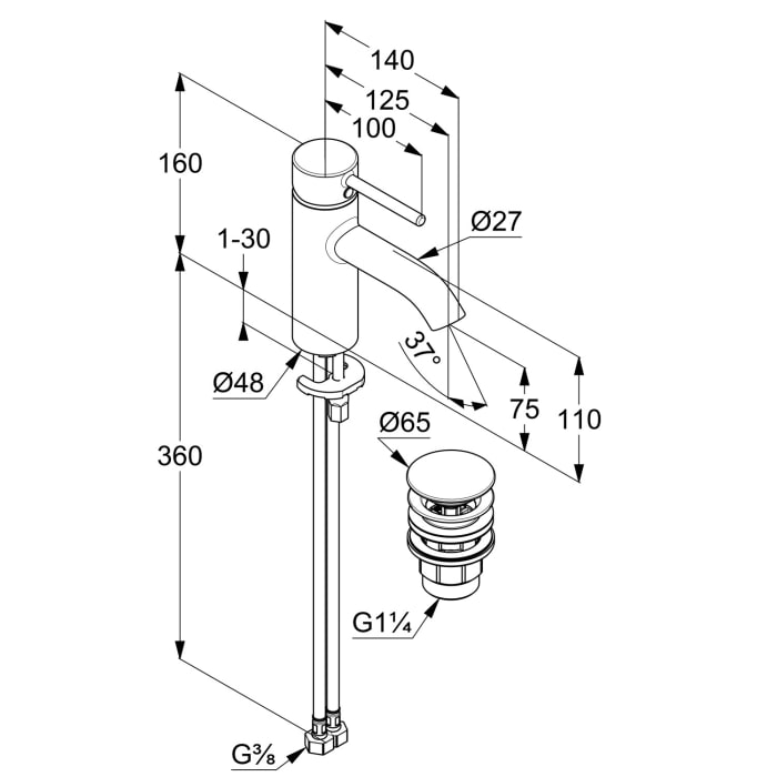 Kludi BOZZ Waschtisch-Einhandmischer 75 mit Push Open Ablaufventil