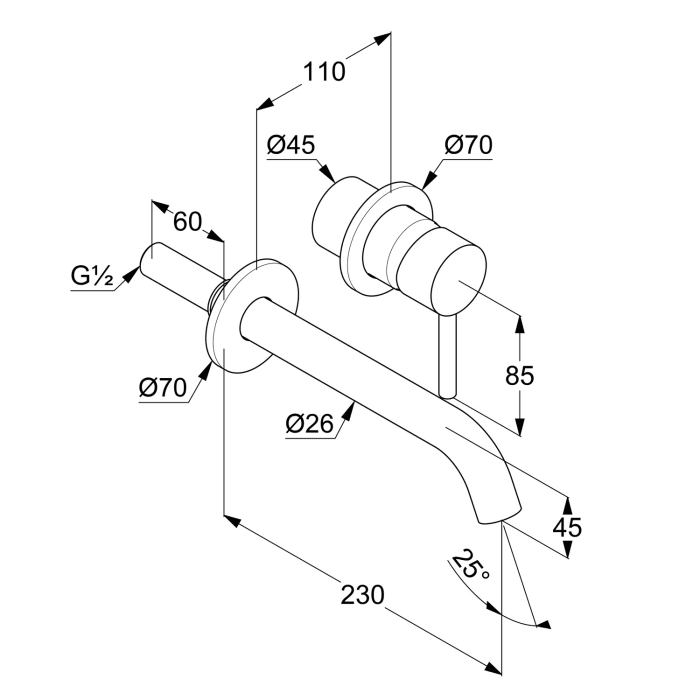 Kludi BOZZ Unterputz Waschtisch Zweiloch-Wand-Einhandmischer, Ausladung 23 cm