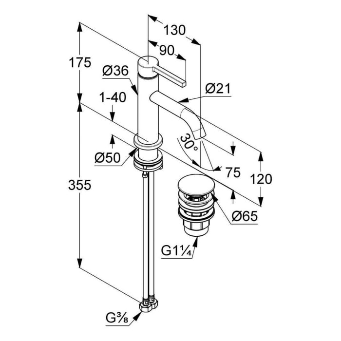 Kludi NOVA FONTE Pura Waschtisch-Einhandmischer 75 mit Push-Open Ablaufgarnitur