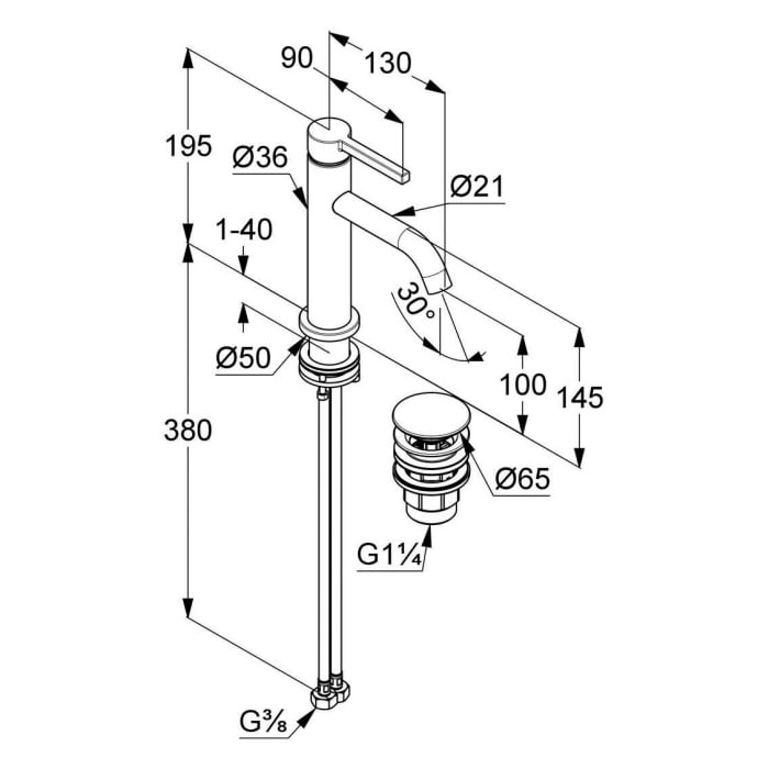 Kludi NOVA FONTE Pura Waschtisch-Einhandmischer 100 mit Push-Open Ablaufgarnitur
