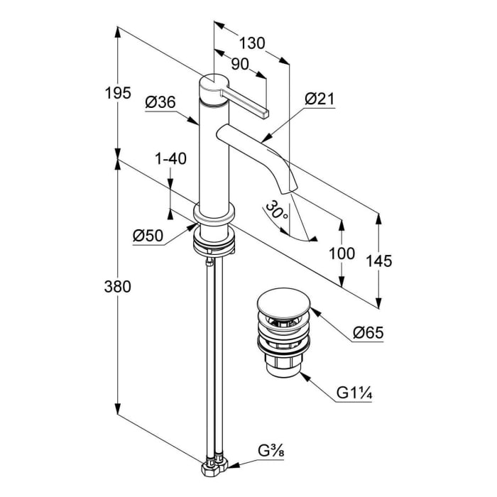 Kludi NOVA FONTE Pura Waschtisch-Einhandmischer 100 EcoPlus mit Push-Open Ablaufgarnitur