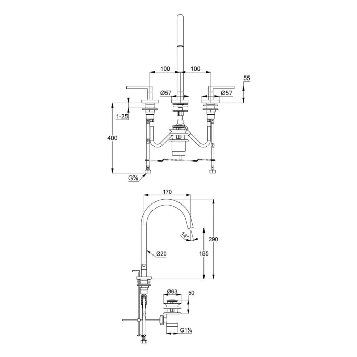 Kludi NOVA FONTE Puristic 3-Loch Waschtischarmatur für Standmontage