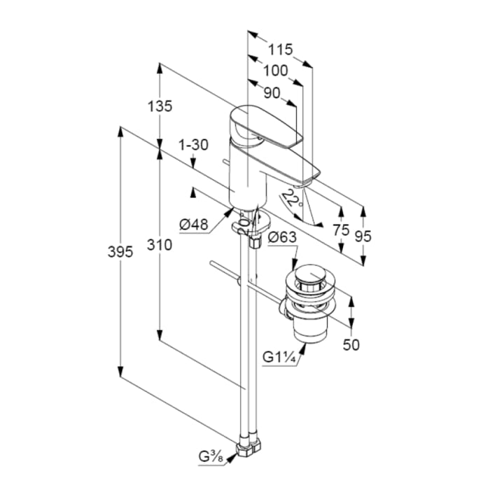 Kludi PURE&SOLID Waschtisch-Einhandmischer 75 mit Metallablaufgarnitur