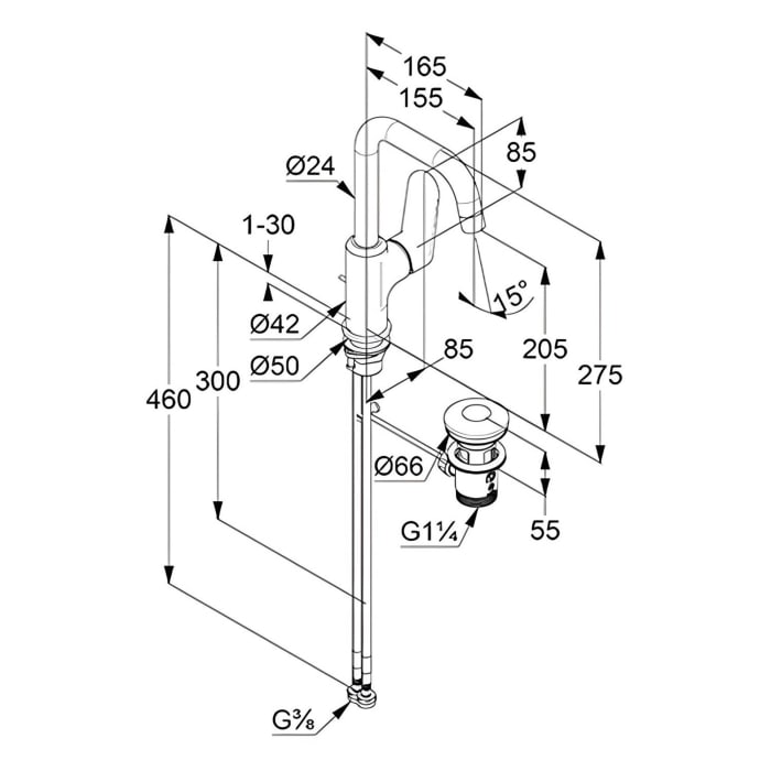 Kludi X1 Waschtisch-Einhandmischer DN 15, mit Zugstangen-Ablaufgarnitur