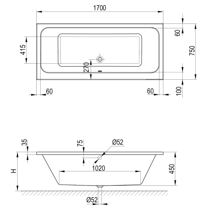 Koralle T350 Badewanne 170 x 75 x 45 ohne Schürze, Überlauf vorne