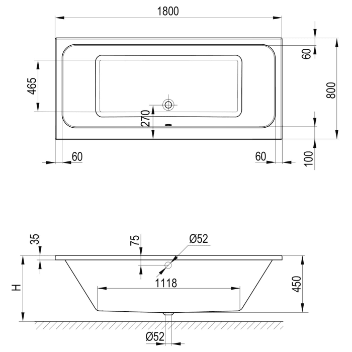 Koralle T350 Badewanne 180 x 80 x 45 ohne Schürze, Überlauf vorne