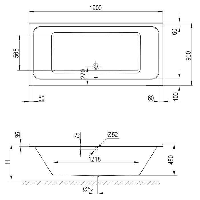 Koralle T350 Badewanne 190 x 90 x 45 ohne Schürze, Überlauf vorne