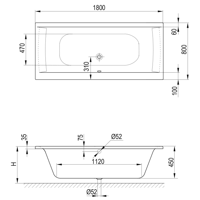 Koralle T750 Badewanne 180 x 80 x 45 ohne Schürze, Überlauf vorne, mit Bohrung nach Zeichnung