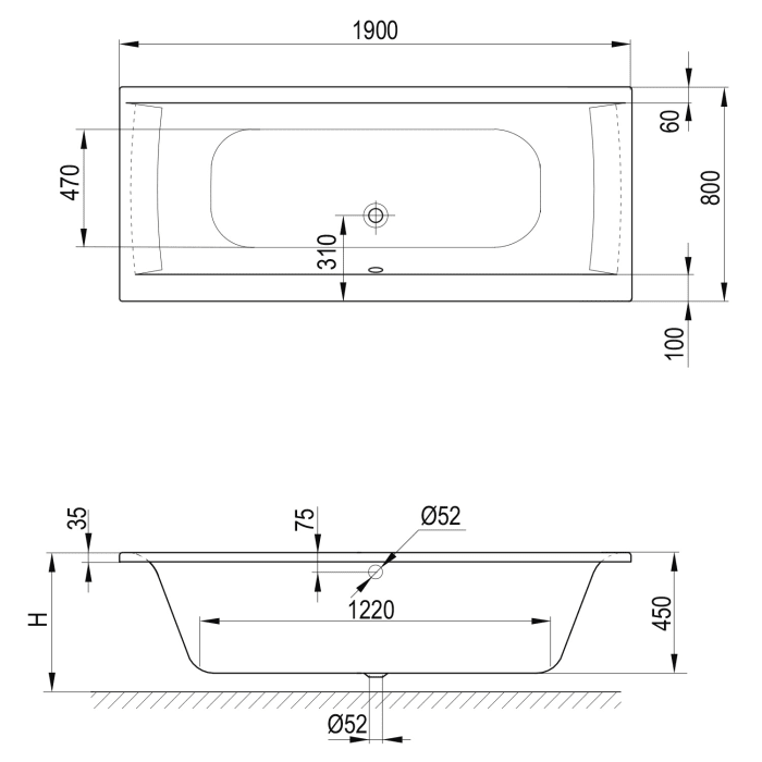 Koralle T750 Badewanne 190 x 80 x 45 ohne Schürze, Überlauf vorne, mit Bohrung nach Zeichnung