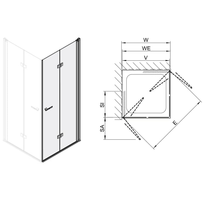 Koralle SL450 Eckdusche Falttür rechts, Typ EFTBOS R 100, 100 x 200 cm, bodengleich, mit GlasPlus