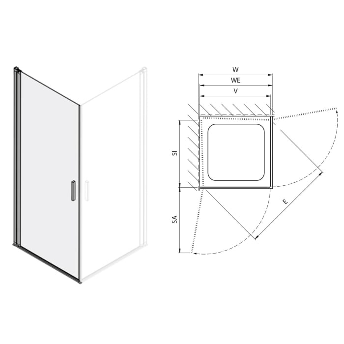 Koralle SL450 Eckdusche Pendeltür links, Typ EPWS L 90, 90 x 200 cm, für Duschwanne, mit GlasPlus