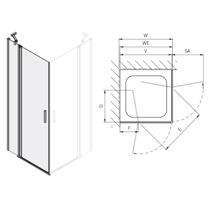 Koralle SL450 Eckdusche Pendeltür mit Festteil links, Typ EPFS L 100, 100 x 200 cm, für Duschwanne