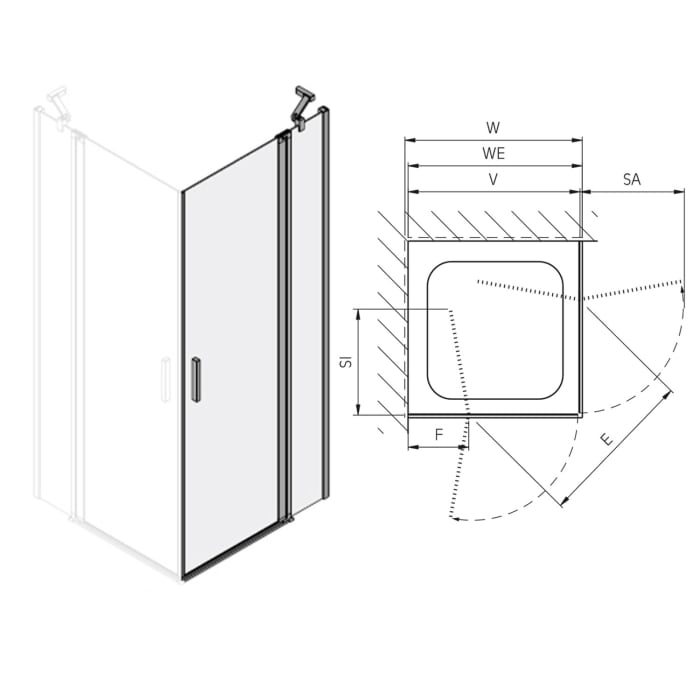 Koralle SL450 Eckdusche Pendeltür mit Festteil rechts, Typ EPFS R 75, 75 x 200 cm, für Duschwanne
