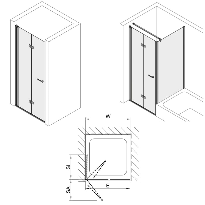 Koralle SL450 Falttür 2-teilig links für Nische, Typ NFTA L 80, 80 x 200 cm, mit GlasPlus