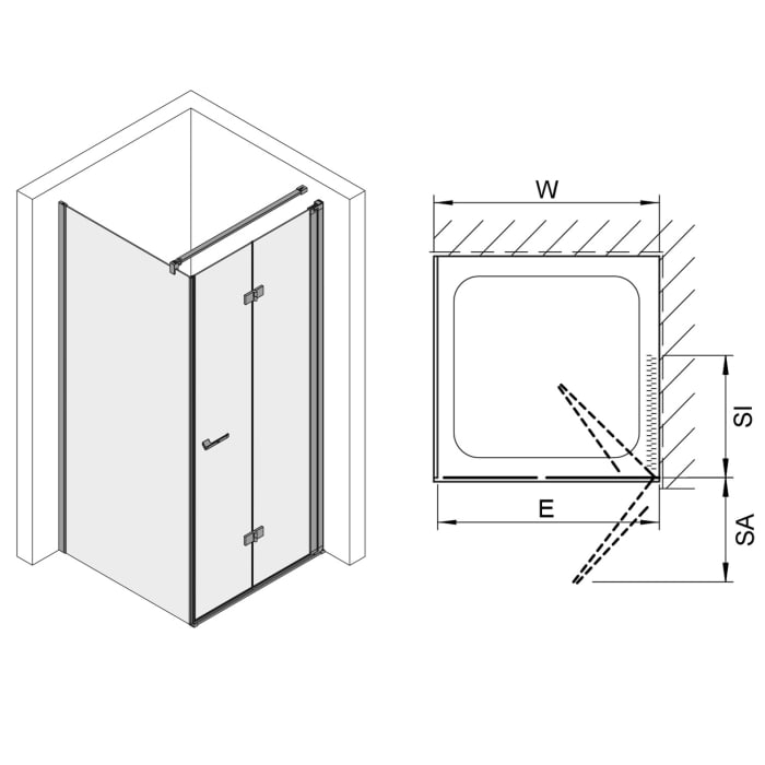 Koralle SL450 Falttür 2-teilig rechts für Trennwand, Typ TFTA R 90, 90 x 200 cm, für Duschwanne, mit GlasPlus