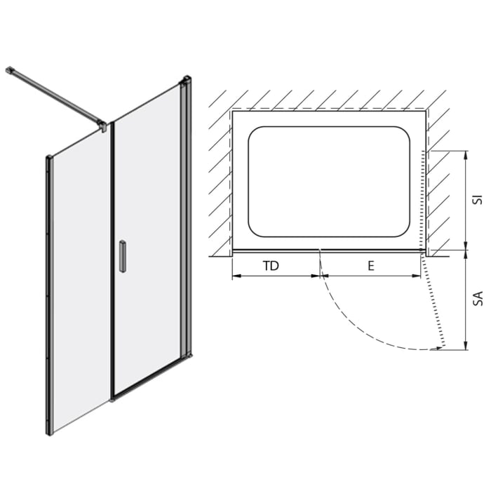 Koralle SL450 Pendeltür 1-flüglig mit Trennwand in Flucht rechts für Nische, Typ NPWWA R 140, 140 x 200 cm, mit GlasPlus