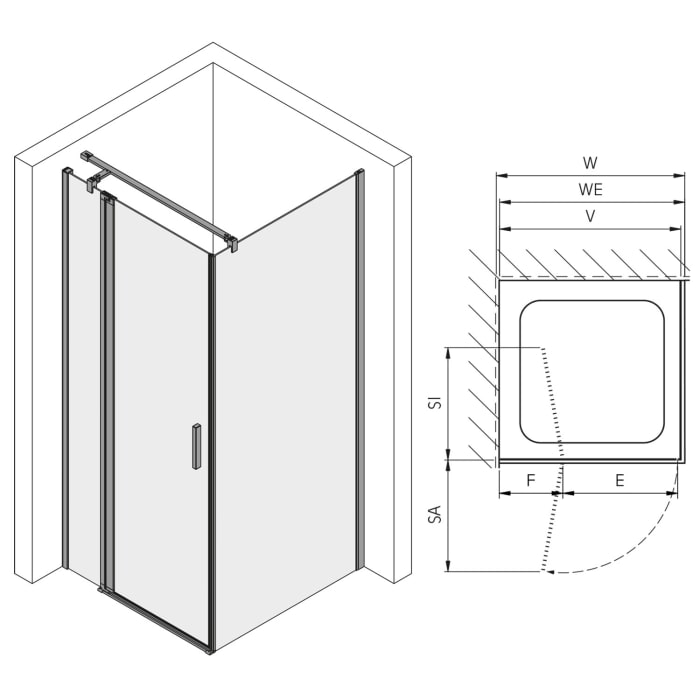 Koralle SL450 Pendeltür 1-flüglig mit Festteil links für Trennwand, Typ TPFBOA L 120, 120 x 200 cm, bodengleich, mit GlasPlus