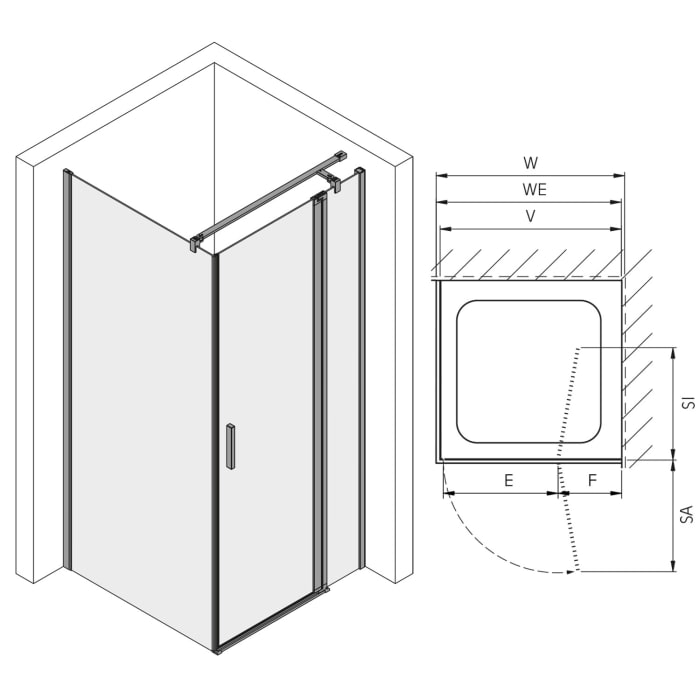 Koralle SL450 Pendeltür 1-flüglig mit Festteil rechts für Trennwand, Typ TPFBOA R 80, 80 x 200 cm, bodengleich, mit GlasPlus